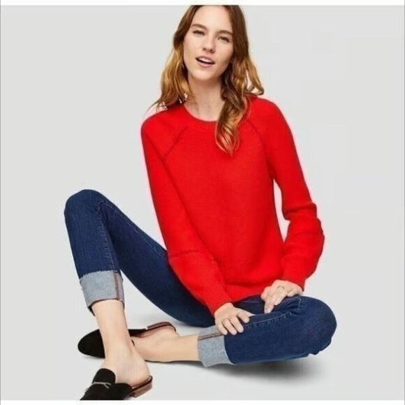 Loft Red Texured Weave Whipstiched Long Sleeve Cotton Sweater - Size Large - Picture 1 of 6